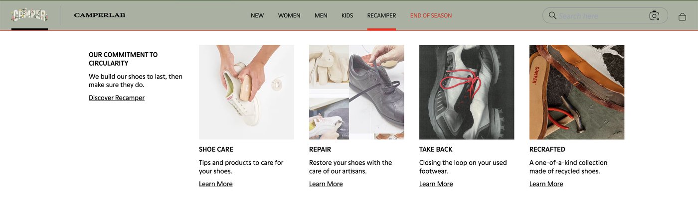 ReCamper menu on the Camper website
